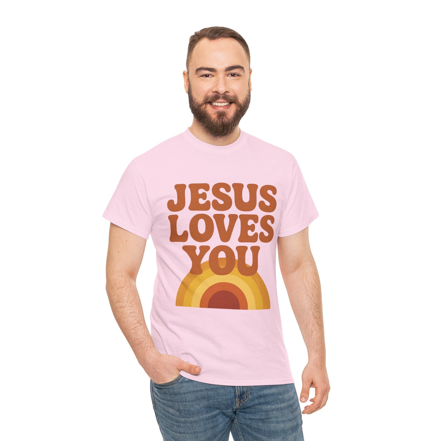 Jesus Loves You Rainbow Unisex Heavy Cotton Tee, Christian T-Shirt, Gift for Believers, Faith Apparel, Casual Wear, Spiritual Top