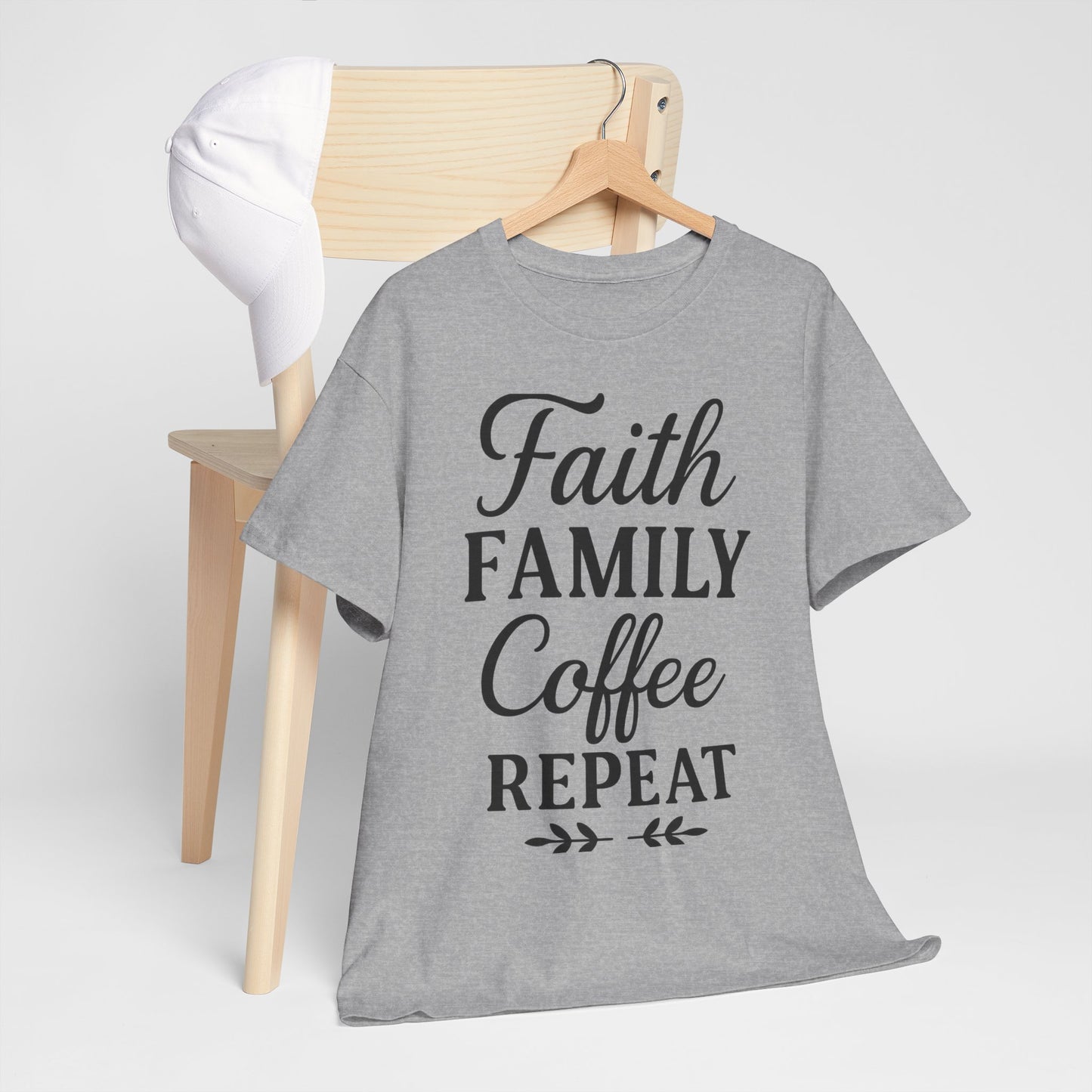 Faith Family Coffee Repeat Unisex Heavy Cotton Tee – Christian Lifestyle Shirt for Everyday Inspiration