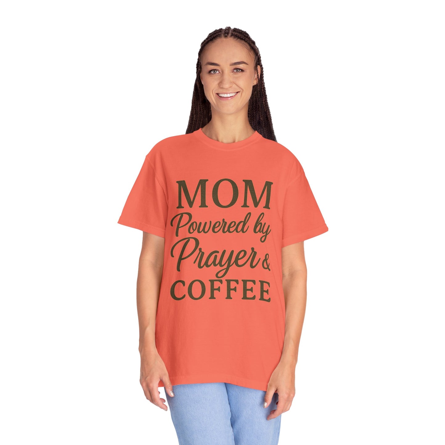 Mom Powered by Prayer & Coffee T-Shirt – Christian Faith Tee for Moms | Bold & Cozy Everyday Wear