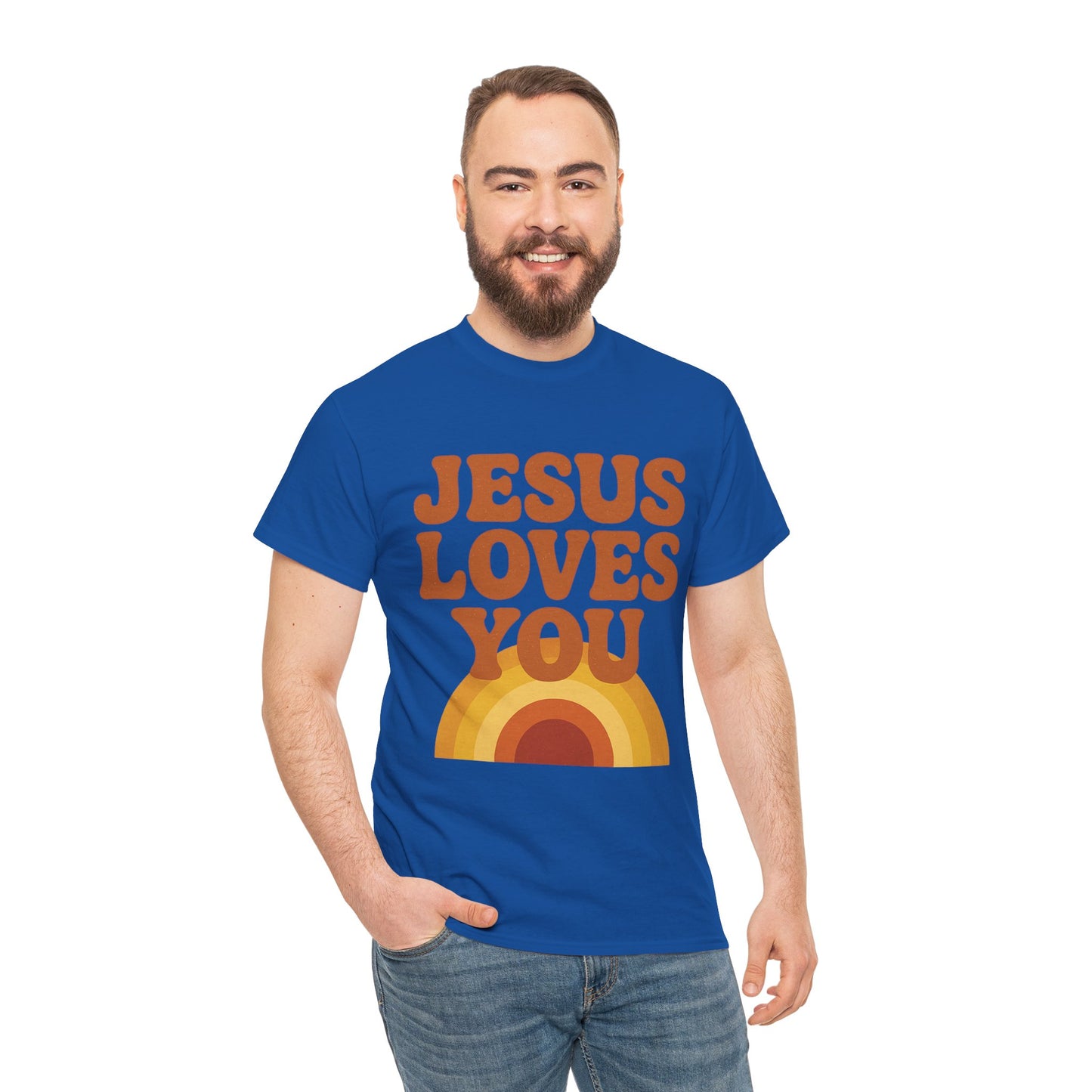 Jesus Loves You Rainbow Unisex Heavy Cotton Tee, Christian T-Shirt, Gift for Believers, Faith Apparel, Casual Wear, Spiritual Top