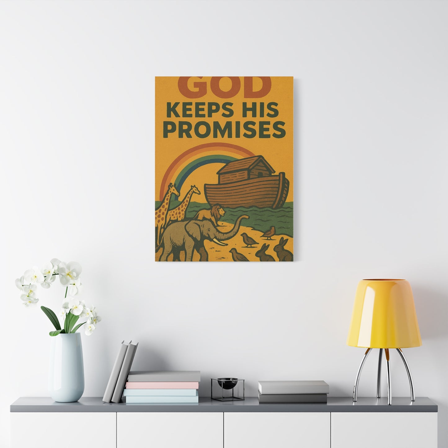 Noah’s Ark Wall Art | God Keeps His Promises Christian Poster – Rainbow Faith Illustration.