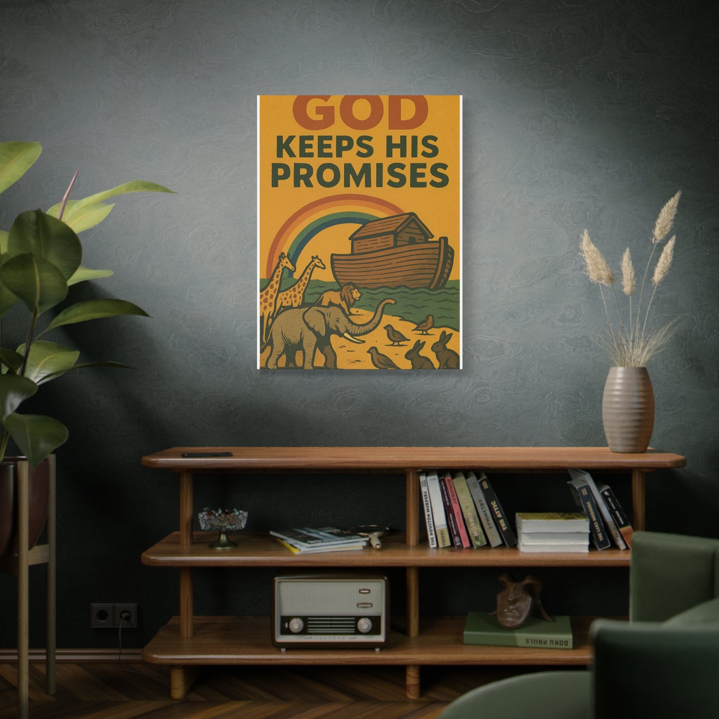 Noah’s Ark Wall Art | God Keeps His Promises Christian Poster – Rainbow Faith Illustration.