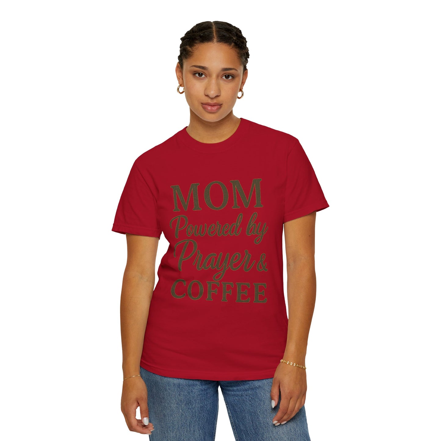 Mom Powered by Prayer & Coffee T-Shirt – Christian Faith Tee for Moms | Bold & Cozy Everyday Wear
