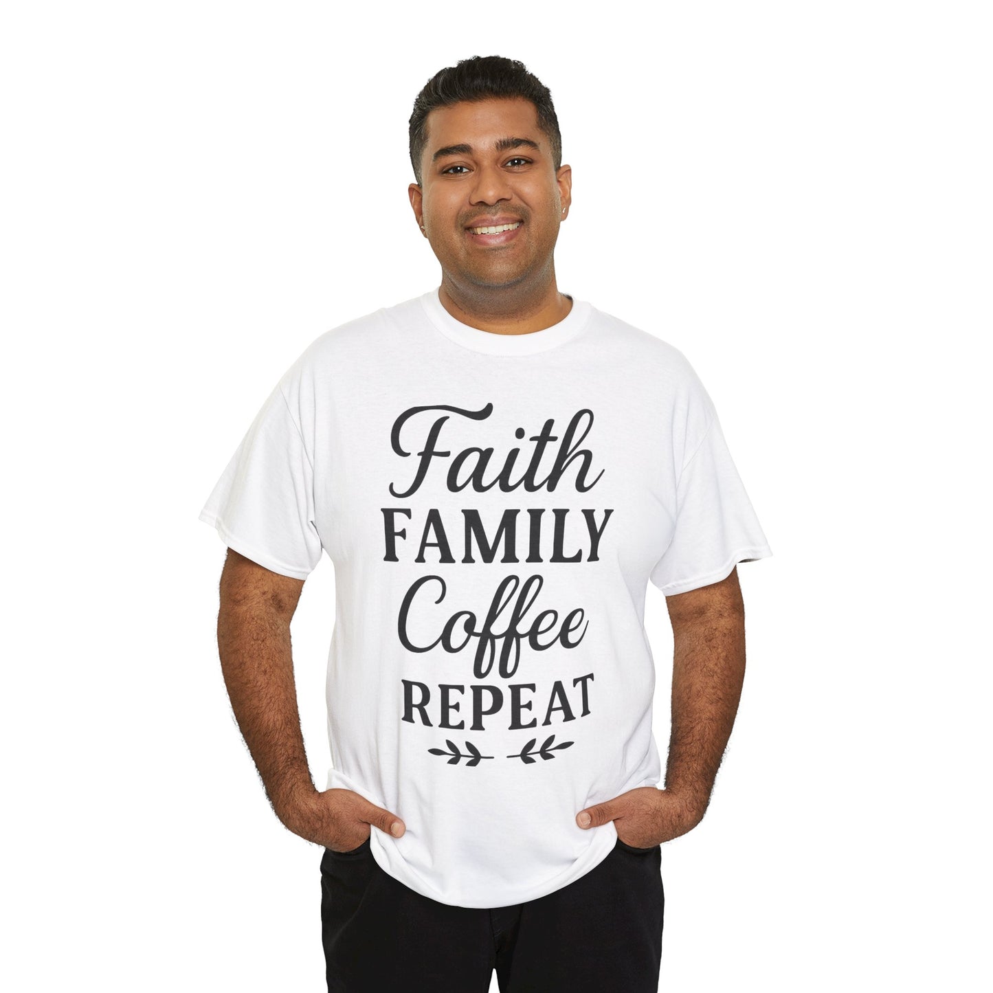 Faith Family Coffee Repeat Unisex Heavy Cotton Tee – Christian Lifestyle Shirt for Everyday Inspiration