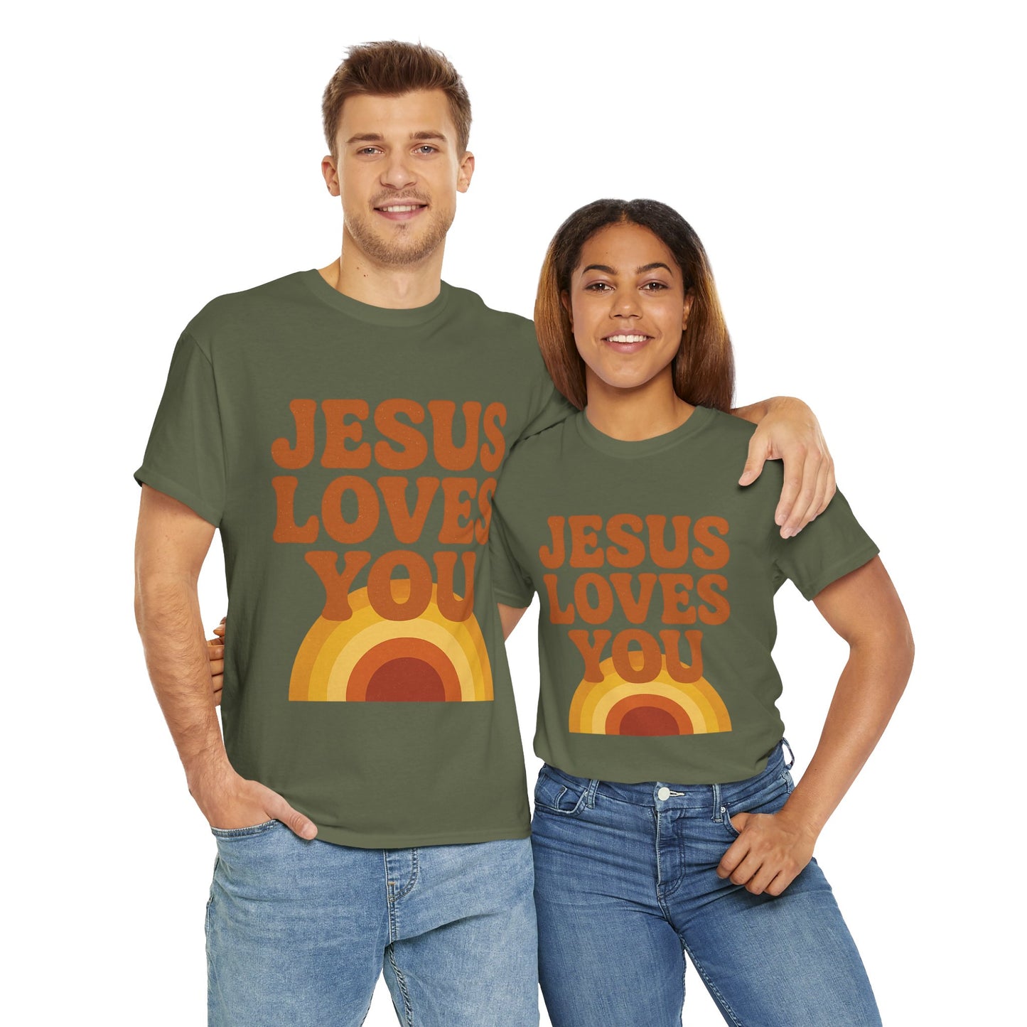 Jesus Loves You Rainbow Unisex Heavy Cotton Tee, Christian T-Shirt, Gift for Believers, Faith Apparel, Casual Wear, Spiritual Top