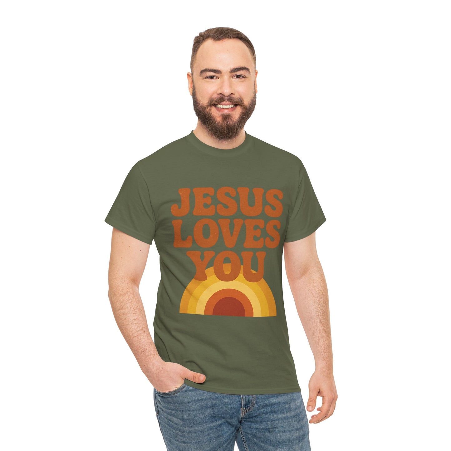 Jesus Loves You Rainbow Unisex Heavy Cotton Tee, Christian T-Shirt, Gift for Believers, Faith Apparel, Casual Wear, Spiritual Top