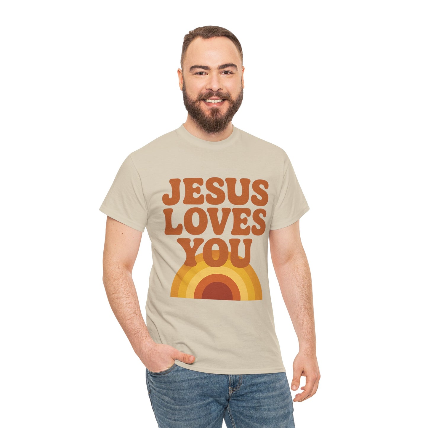 Jesus Loves You Rainbow Unisex Heavy Cotton Tee, Christian T-Shirt, Gift for Believers, Faith Apparel, Casual Wear, Spiritual Top