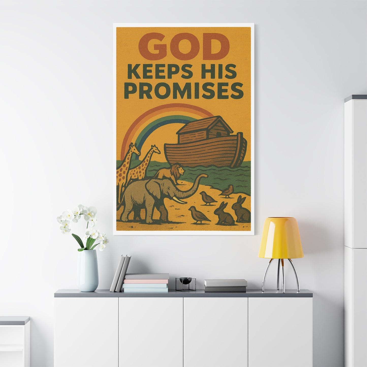 Noah’s Ark Wall Art | God Keeps His Promises Christian Poster – Rainbow Faith Illustration.