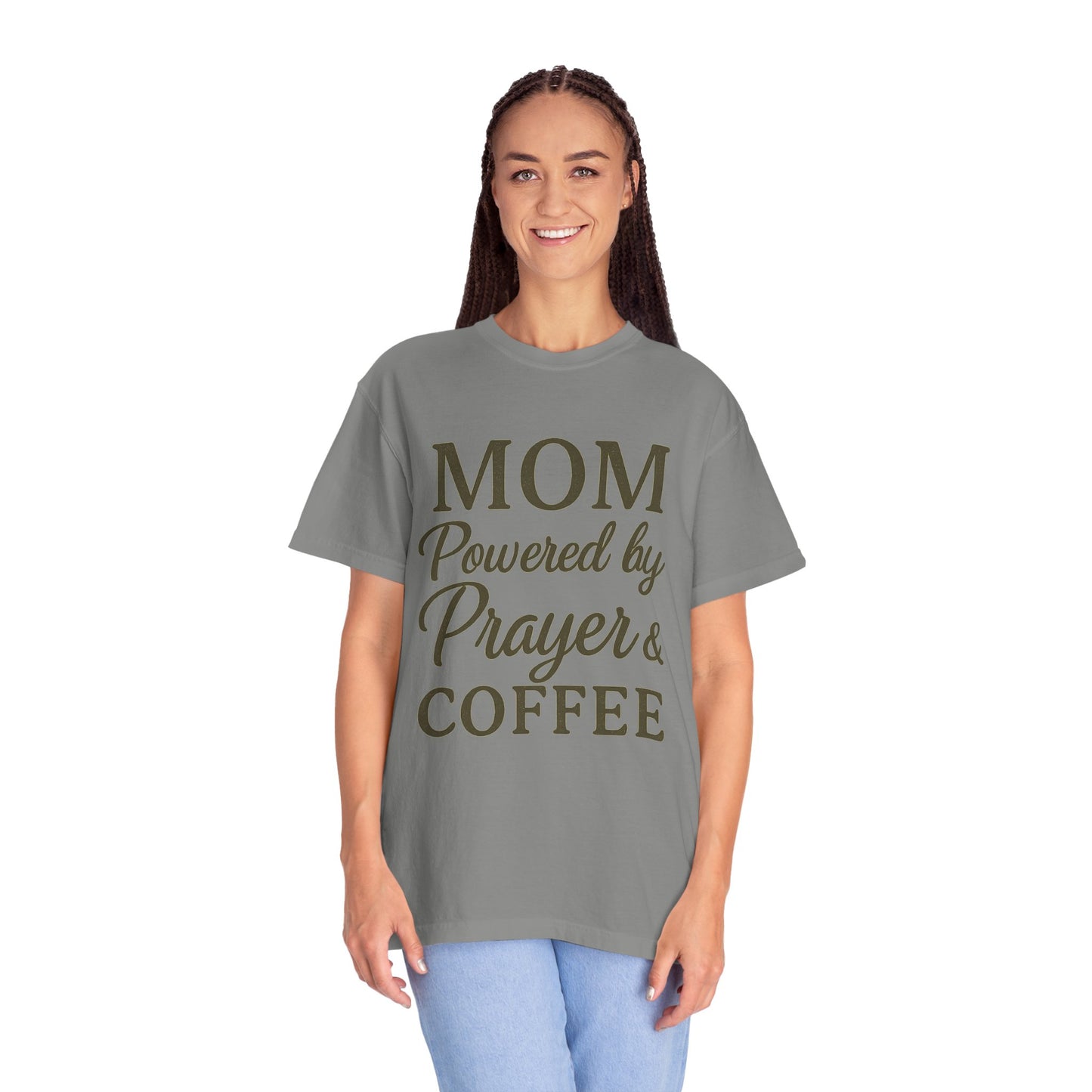Mom Powered by Prayer & Coffee T-Shirt – Christian Faith Tee for Moms | Bold & Cozy Everyday Wear