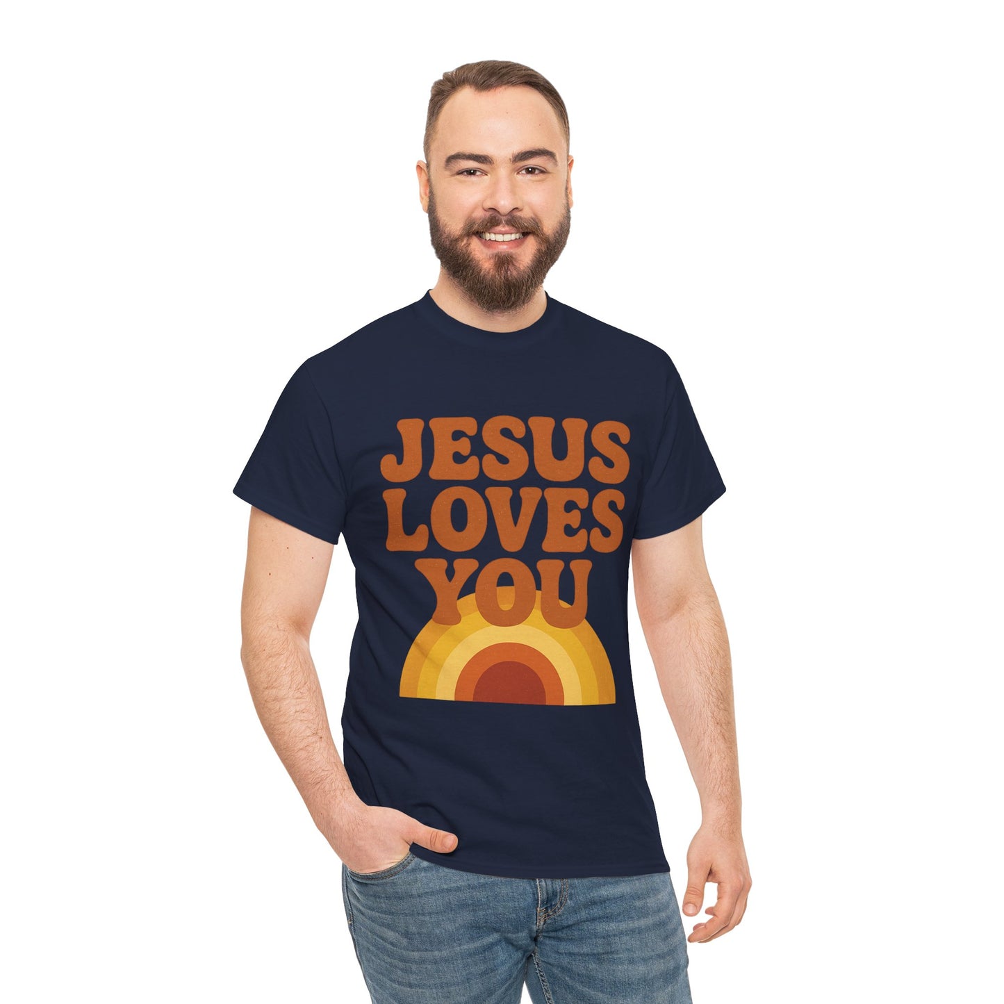 Jesus Loves You Rainbow Unisex Heavy Cotton Tee, Christian T-Shirt, Gift for Believers, Faith Apparel, Casual Wear, Spiritual Top