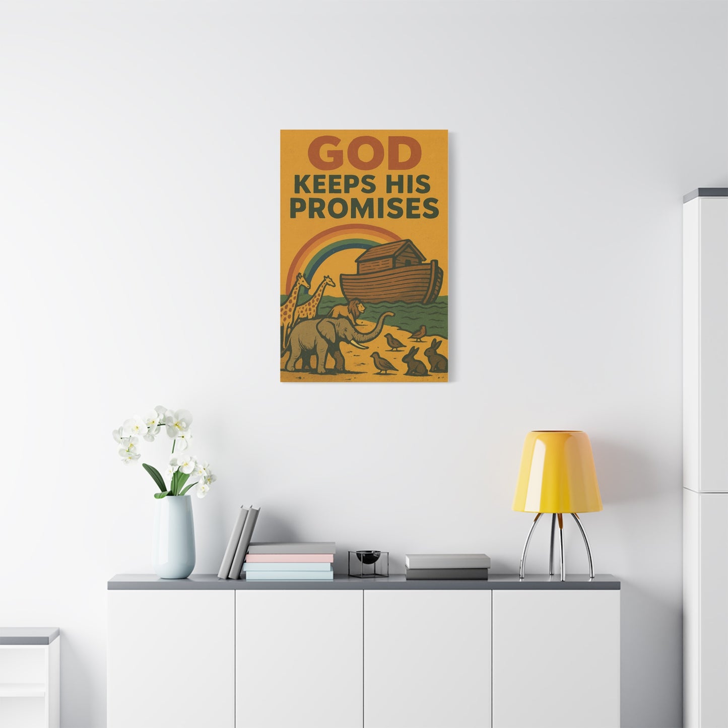 Noah’s Ark Wall Art | God Keeps His Promises Christian Poster – Rainbow Faith Illustration.