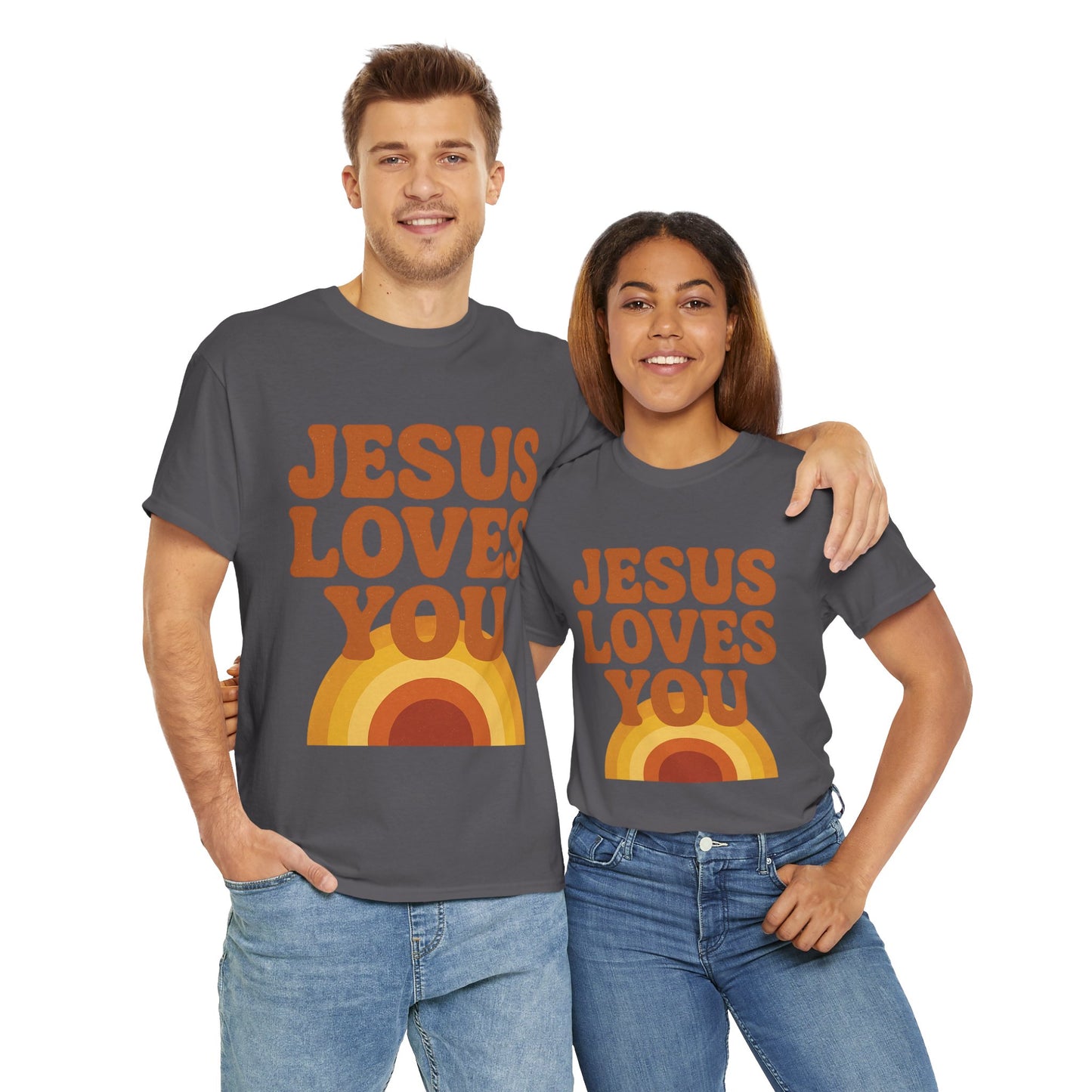 Jesus Loves You Rainbow Unisex Heavy Cotton Tee, Christian T-Shirt, Gift for Believers, Faith Apparel, Casual Wear, Spiritual Top