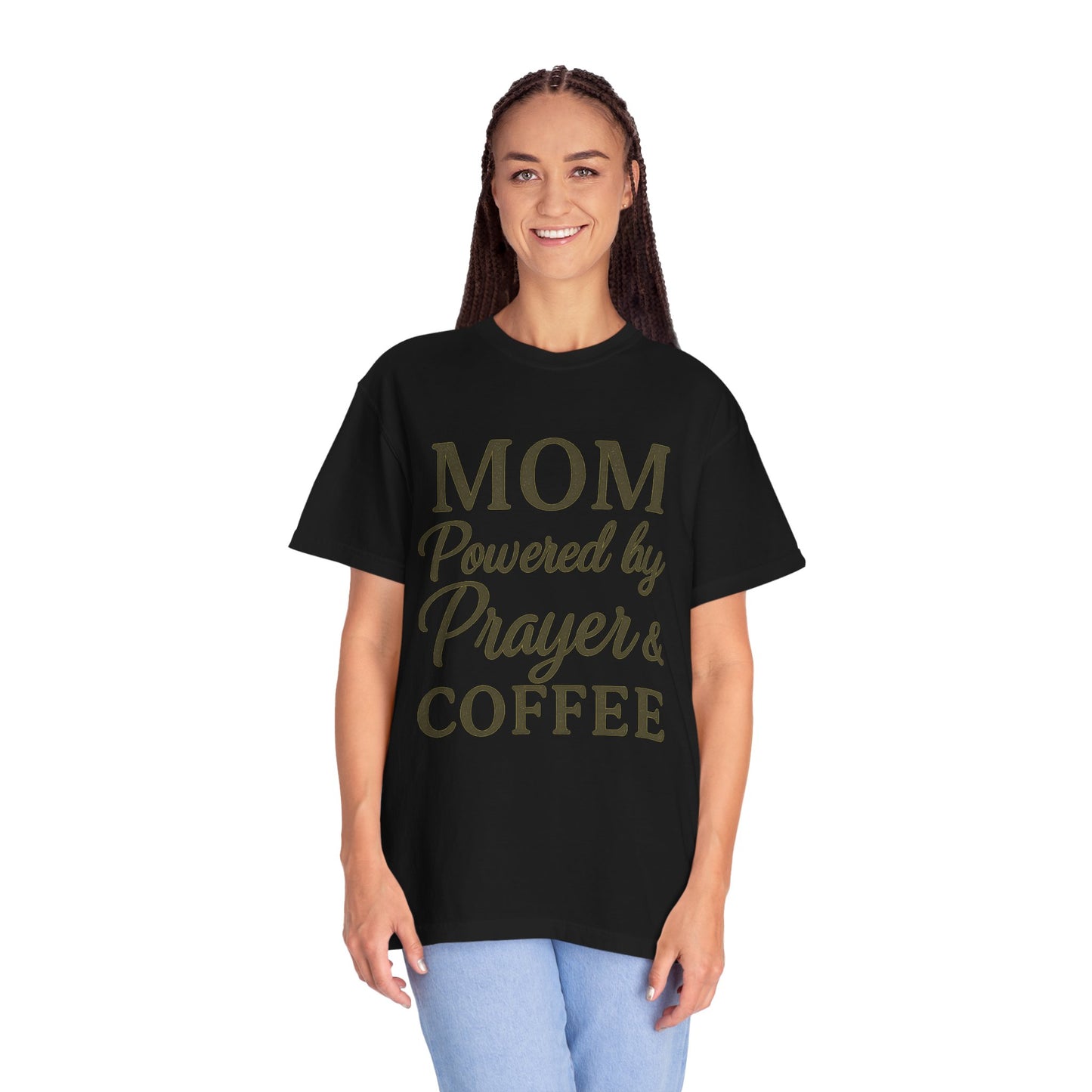 Mom Powered by Prayer & Coffee T-Shirt – Christian Faith Tee for Moms | Bold & Cozy Everyday Wear