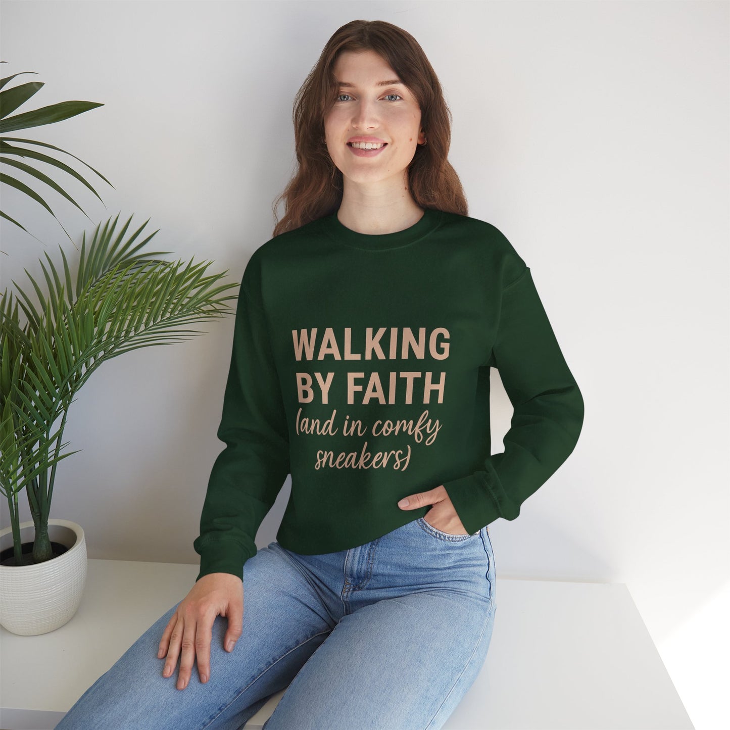“Walking by Faith (and in Comfy Sneakers) Unisex Christian Sweatshirt”