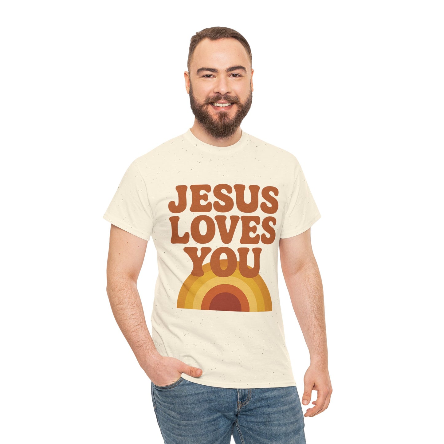 Jesus Loves You Rainbow Unisex Heavy Cotton Tee, Christian T-Shirt, Gift for Believers, Faith Apparel, Casual Wear, Spiritual Top