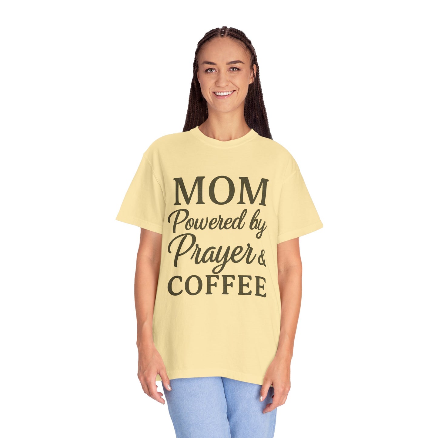 Mom Powered by Prayer & Coffee T-Shirt – Christian Faith Tee for Moms | Bold & Cozy Everyday Wear