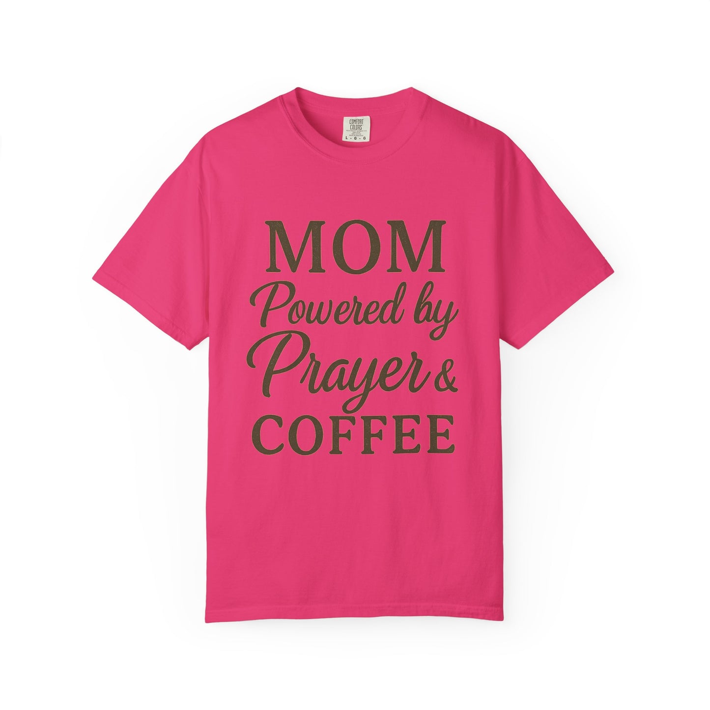 Mom Powered by Prayer & Coffee T-Shirt – Christian Faith Tee for Moms | Bold & Cozy Everyday Wear