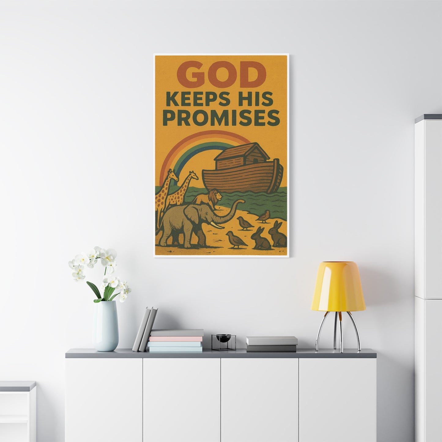Noah’s Ark Wall Art | God Keeps His Promises Christian Poster – Rainbow Faith Illustration.