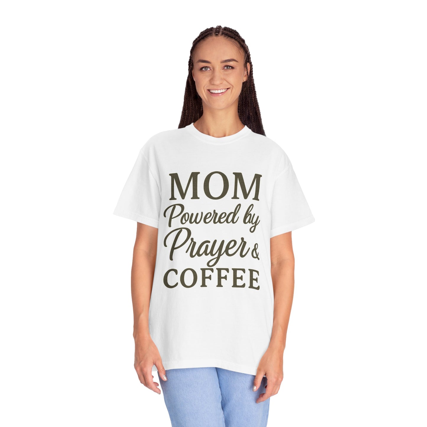 Mom Powered by Prayer & Coffee T-Shirt – Christian Faith Tee for Moms | Bold & Cozy Everyday Wear