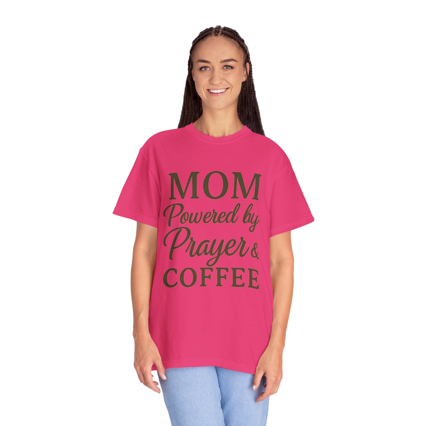 Mom Powered by Prayer & Coffee T-Shirt – Christian Faith Tee for Moms | Bold & Cozy Everyday Wear
