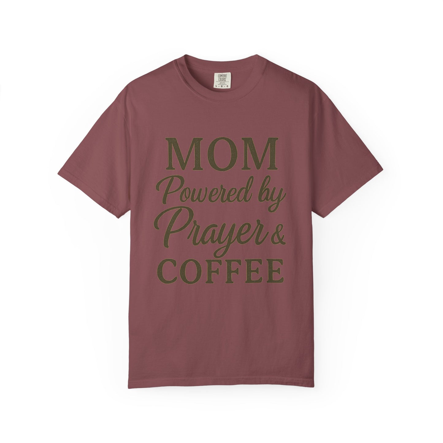 Mom Powered by Prayer & Coffee T-Shirt – Christian Faith Tee for Moms | Bold & Cozy Everyday Wear
