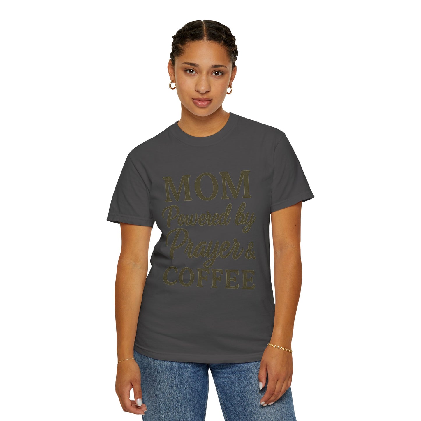 Mom Powered by Prayer & Coffee T-Shirt – Christian Faith Tee for Moms | Bold & Cozy Everyday Wear