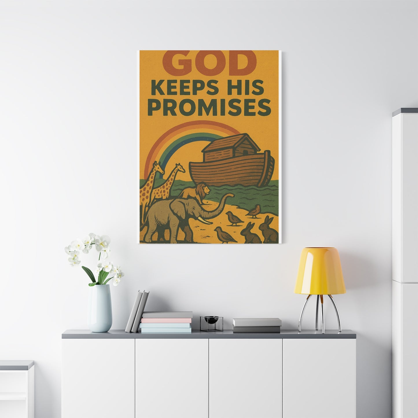 Noah’s Ark Wall Art | God Keeps His Promises Christian Poster – Rainbow Faith Illustration.