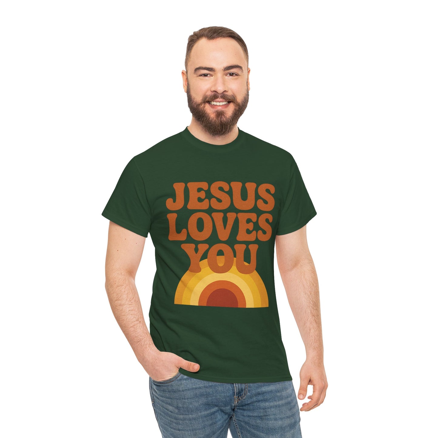 Jesus Loves You Rainbow Unisex Heavy Cotton Tee, Christian T-Shirt, Gift for Believers, Faith Apparel, Casual Wear, Spiritual Top