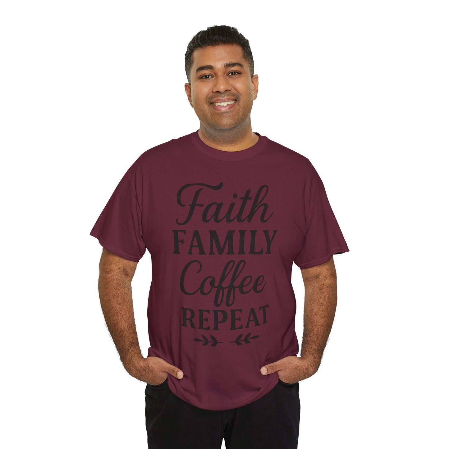 Faith Family Coffee Repeat Unisex Heavy Cotton Tee – Christian Lifestyle Shirt for Everyday Inspiration