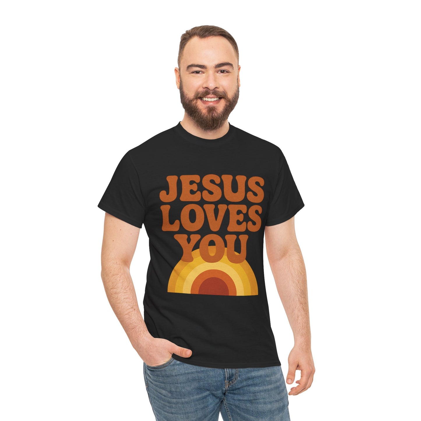 Jesus Loves You Rainbow Unisex Heavy Cotton Tee, Christian T-Shirt, Gift for Believers, Faith Apparel, Casual Wear, Spiritual Top