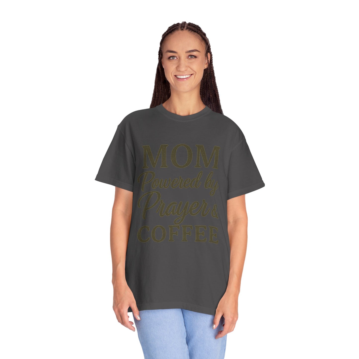 Mom Powered by Prayer & Coffee T-Shirt – Christian Faith Tee for Moms | Bold & Cozy Everyday Wear