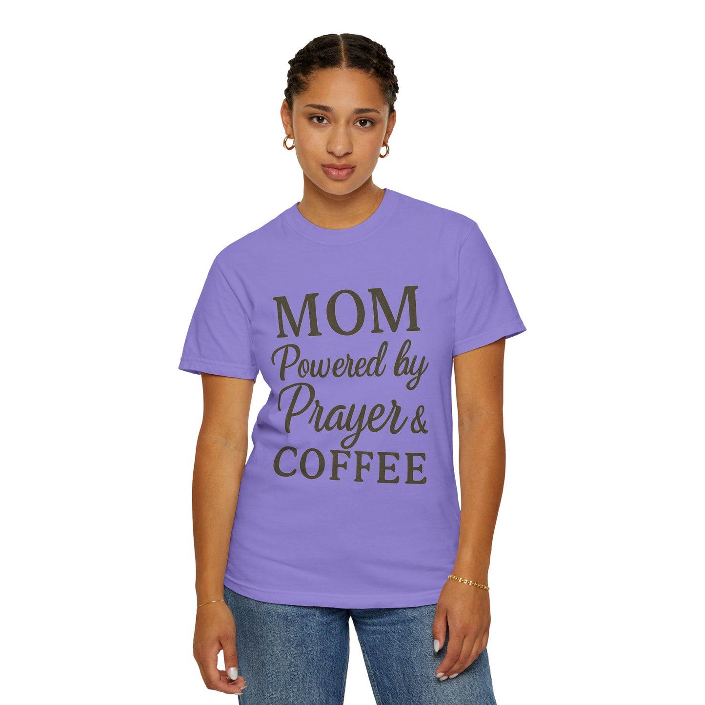 Mom Powered by Prayer & Coffee T-Shirt – Christian Faith Tee for Moms | Bold & Cozy Everyday Wear