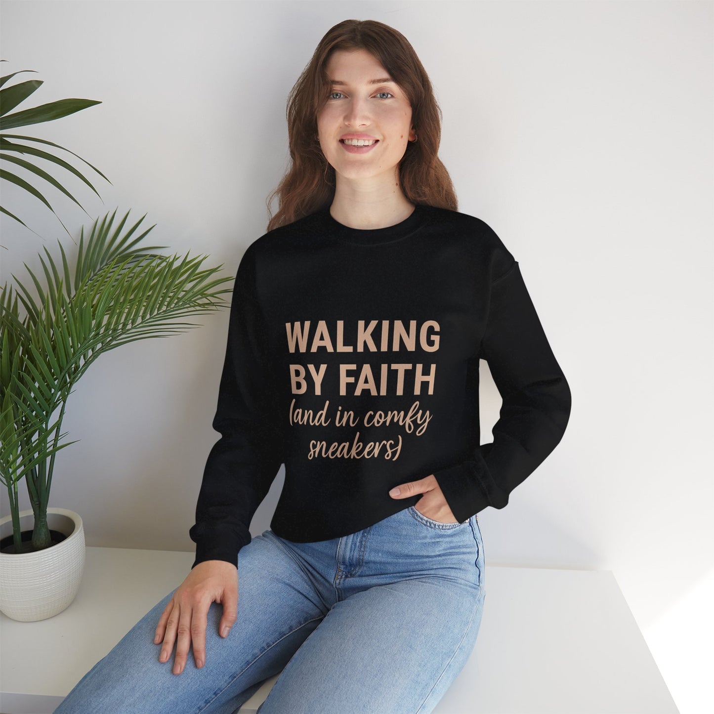 “Walking by Faith (and in Comfy Sneakers) Unisex Christian Sweatshirt”