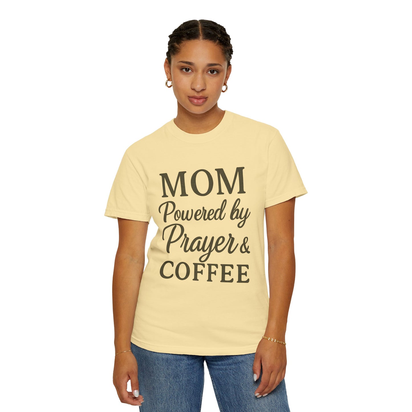 Mom Powered by Prayer & Coffee T-Shirt – Christian Faith Tee for Moms | Bold & Cozy Everyday Wear