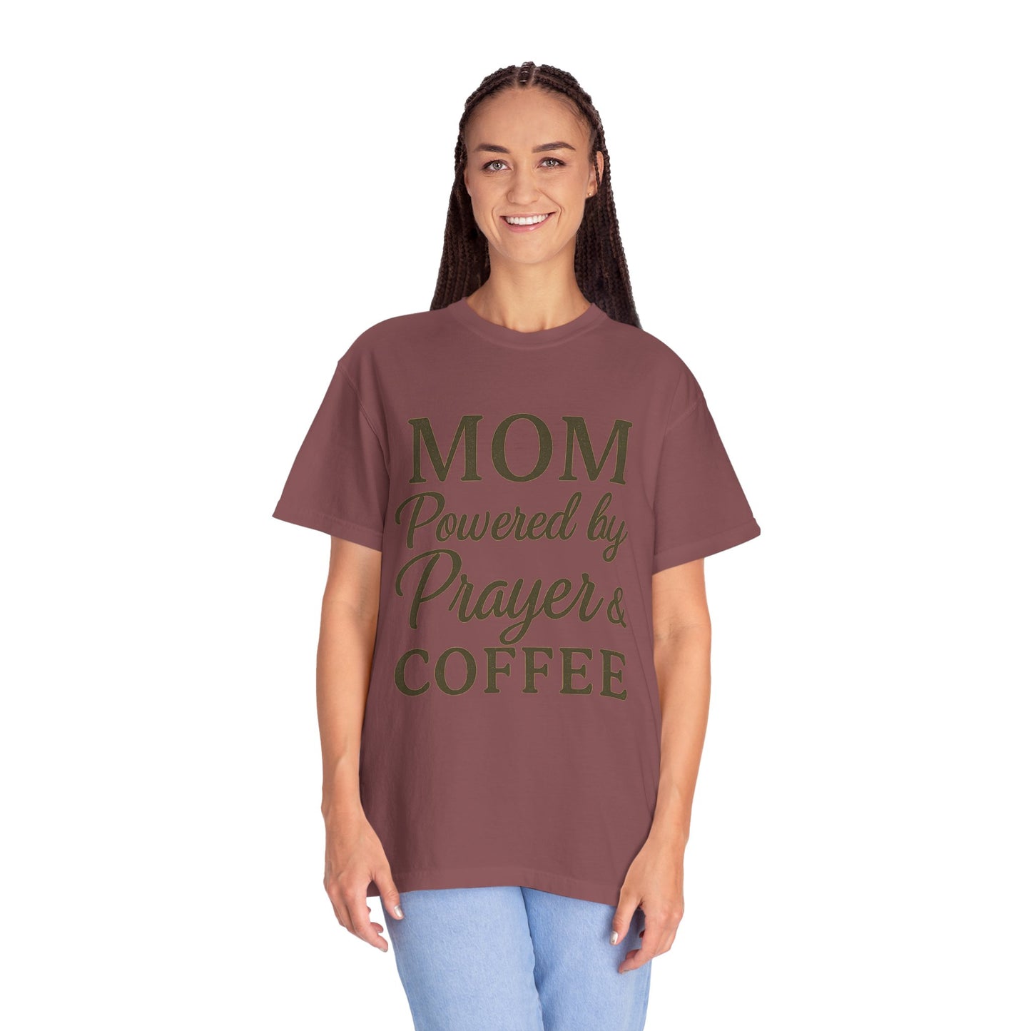 Mom Powered by Prayer & Coffee T-Shirt – Christian Faith Tee for Moms | Bold & Cozy Everyday Wear