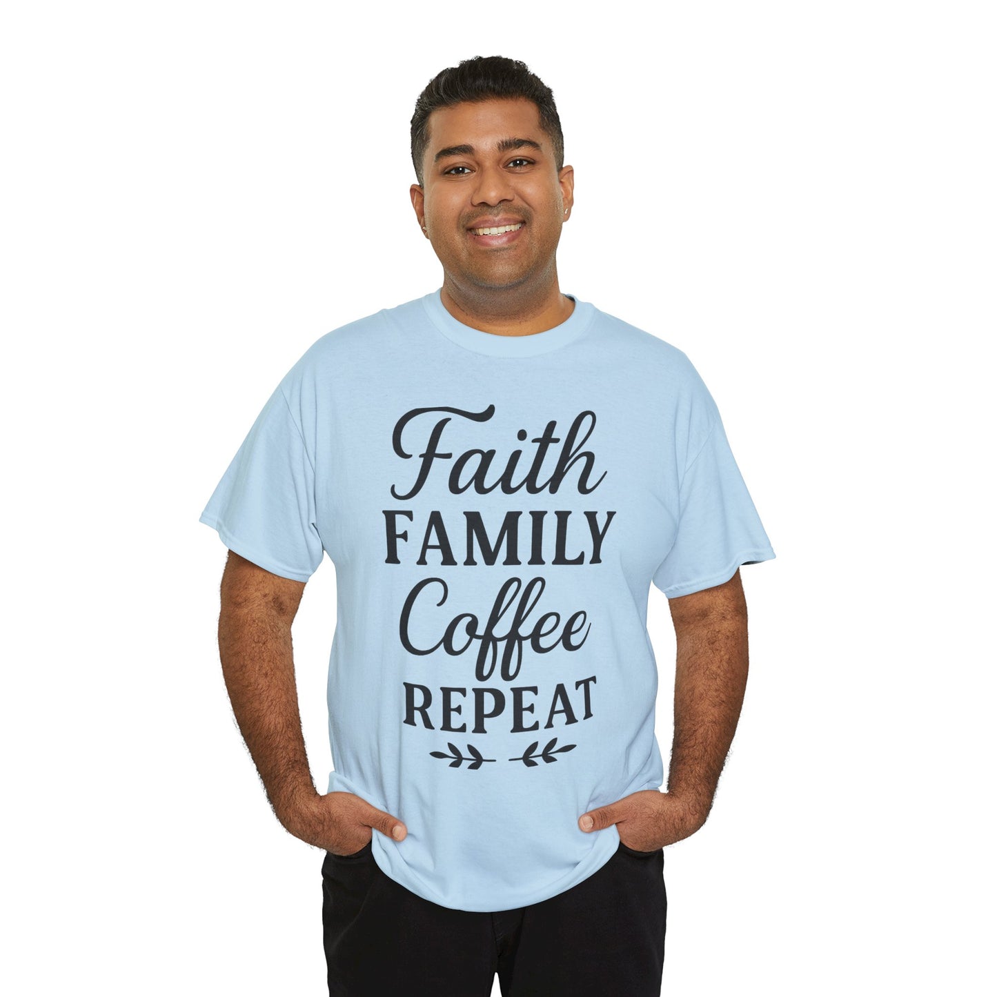 Faith Family Coffee Repeat Unisex Heavy Cotton Tee – Christian Lifestyle Shirt for Everyday Inspiration