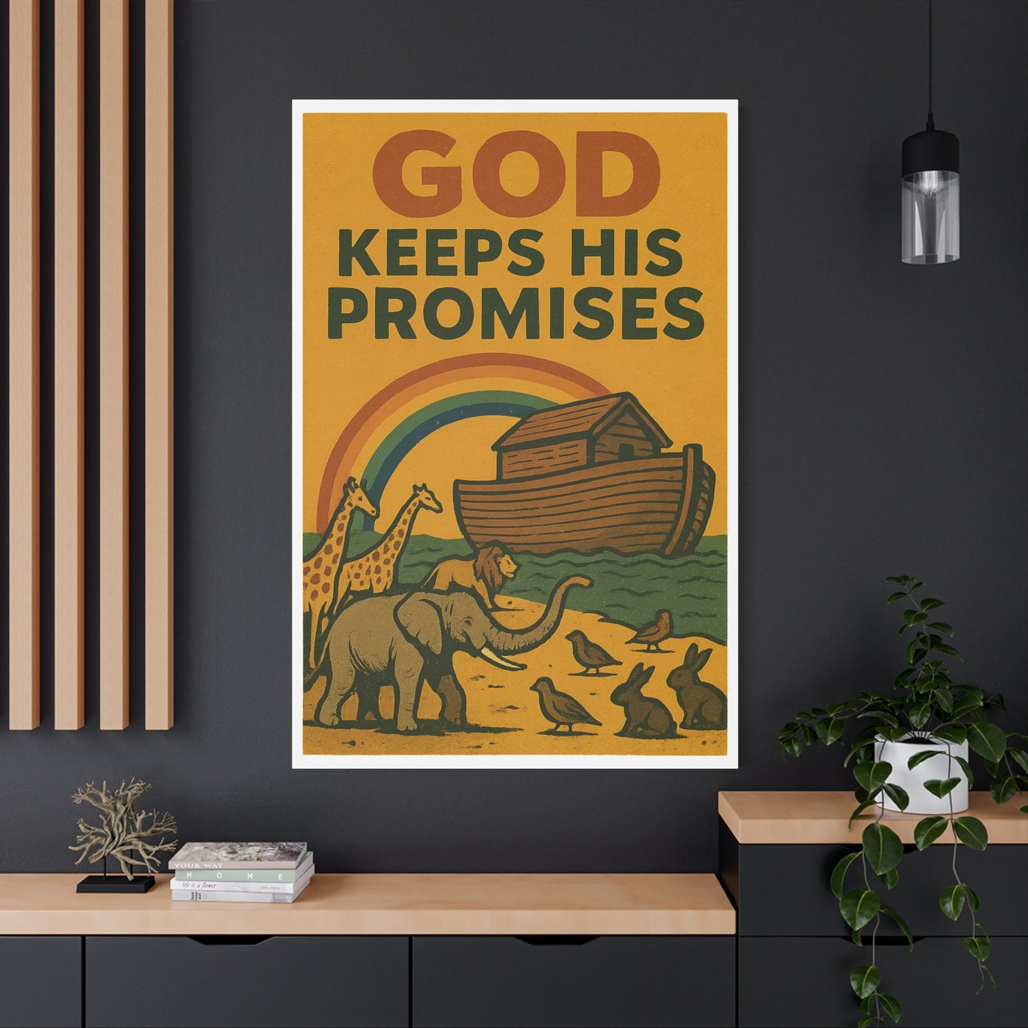 Noah’s Ark Wall Art | God Keeps His Promises Christian Poster – Rainbow Faith Illustration.