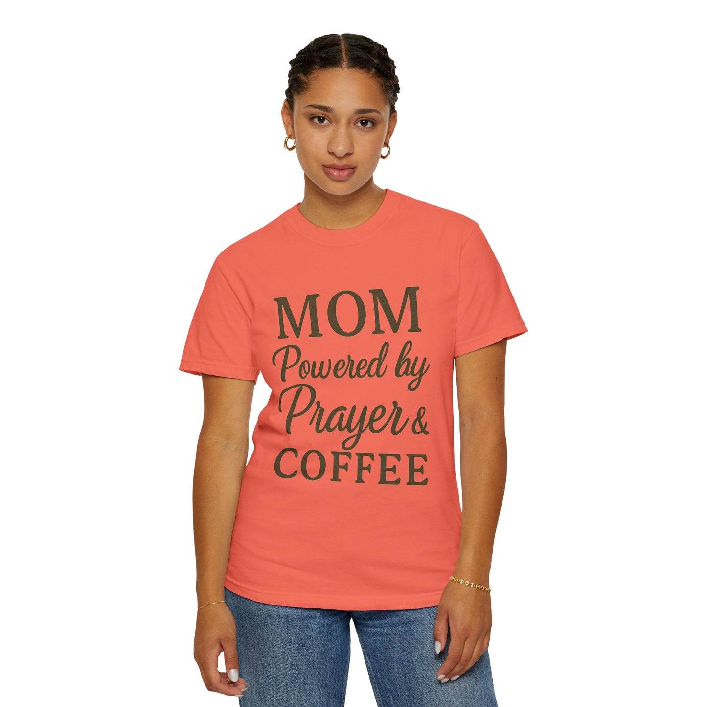 Mom Powered by Prayer & Coffee T-Shirt – Christian Faith Tee for Moms | Bold & Cozy Everyday Wear