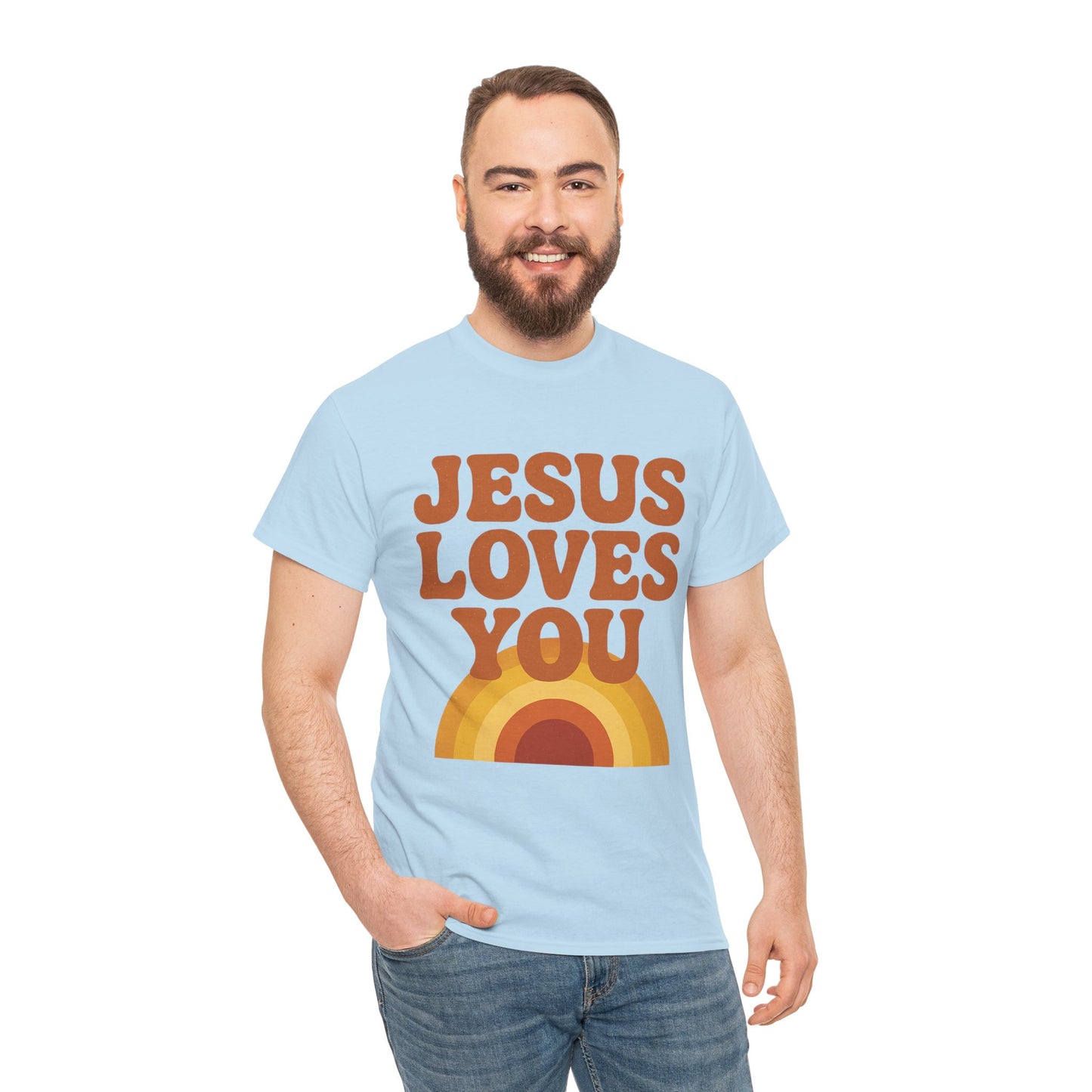 Jesus Loves You Rainbow Unisex Heavy Cotton Tee, Christian T-Shirt, Gift for Believers, Faith Apparel, Casual Wear, Spiritual Top