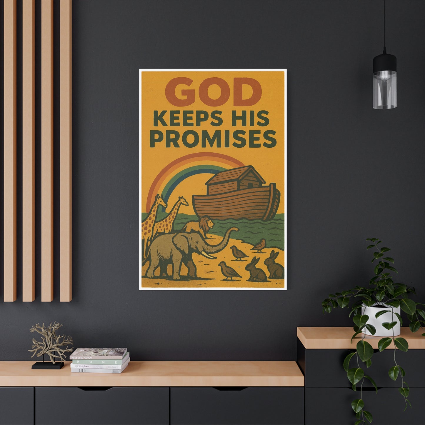 Noah’s Ark Wall Art | God Keeps His Promises Christian Poster – Rainbow Faith Illustration.