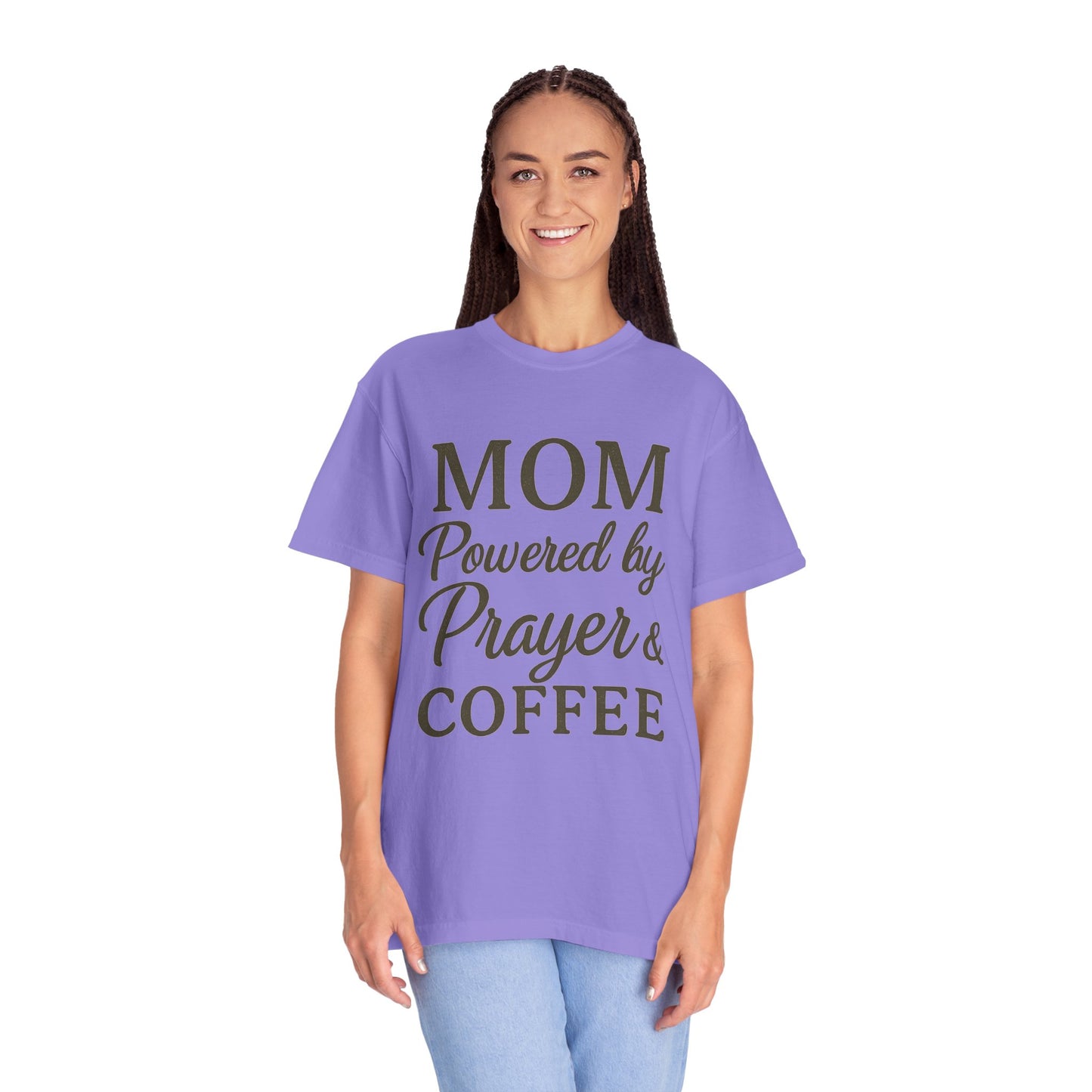 Mom Powered by Prayer & Coffee T-Shirt – Christian Faith Tee for Moms | Bold & Cozy Everyday Wear