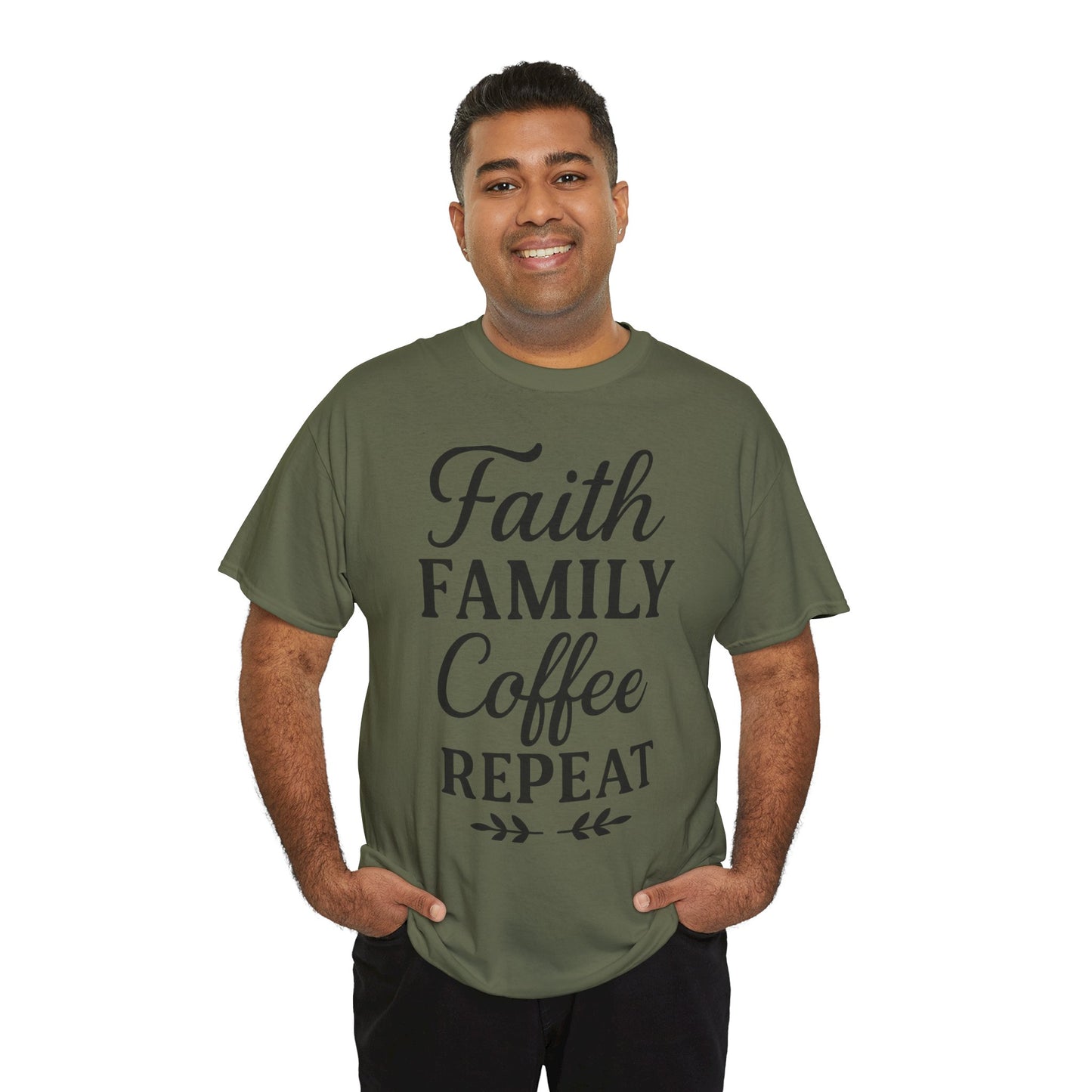 Faith Family Coffee Repeat Unisex Heavy Cotton Tee – Christian Lifestyle Shirt for Everyday Inspiration