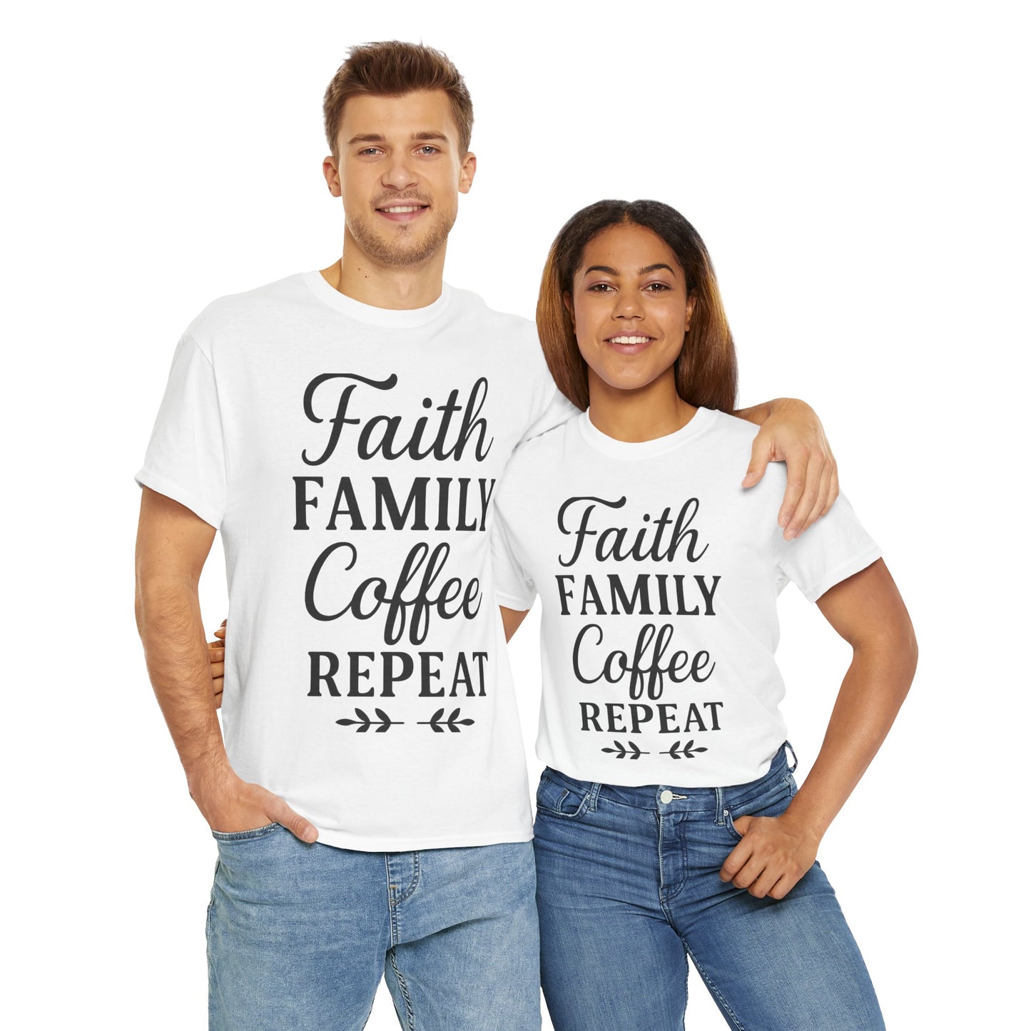 Faith Family Coffee Repeat Unisex Heavy Cotton Tee – Christian Lifestyle Shirt for Everyday Inspiration