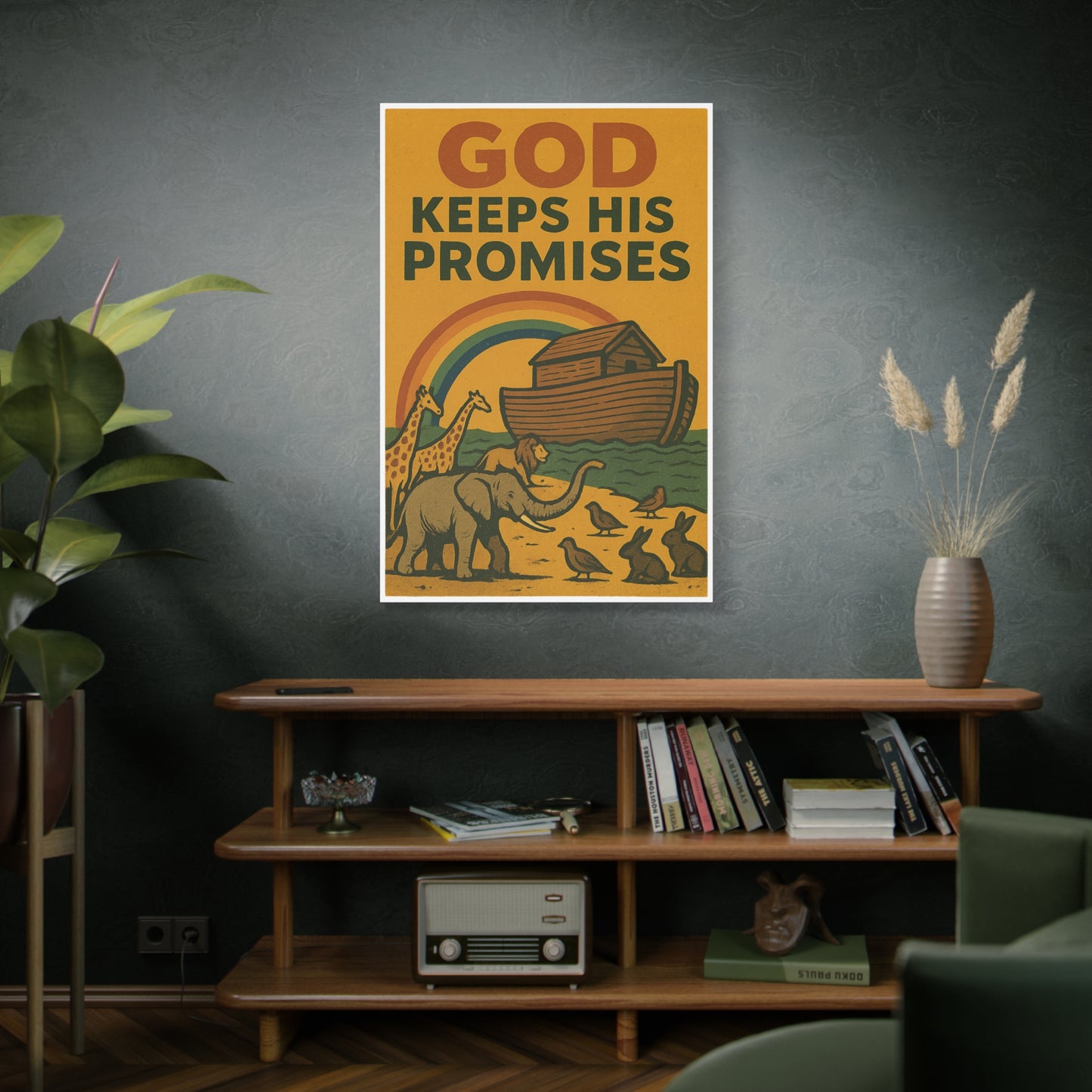 Noah’s Ark Wall Art | God Keeps His Promises Christian Poster – Rainbow Faith Illustration.