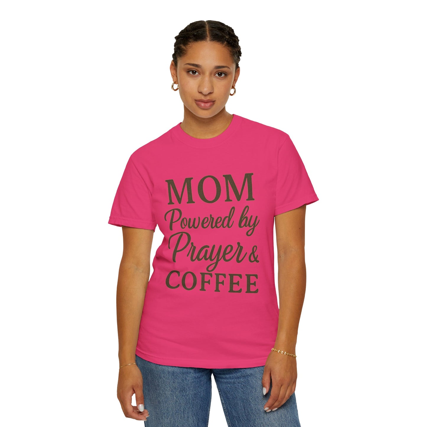 Mom Powered by Prayer & Coffee T-Shirt – Christian Faith Tee for Moms | Bold & Cozy Everyday Wear