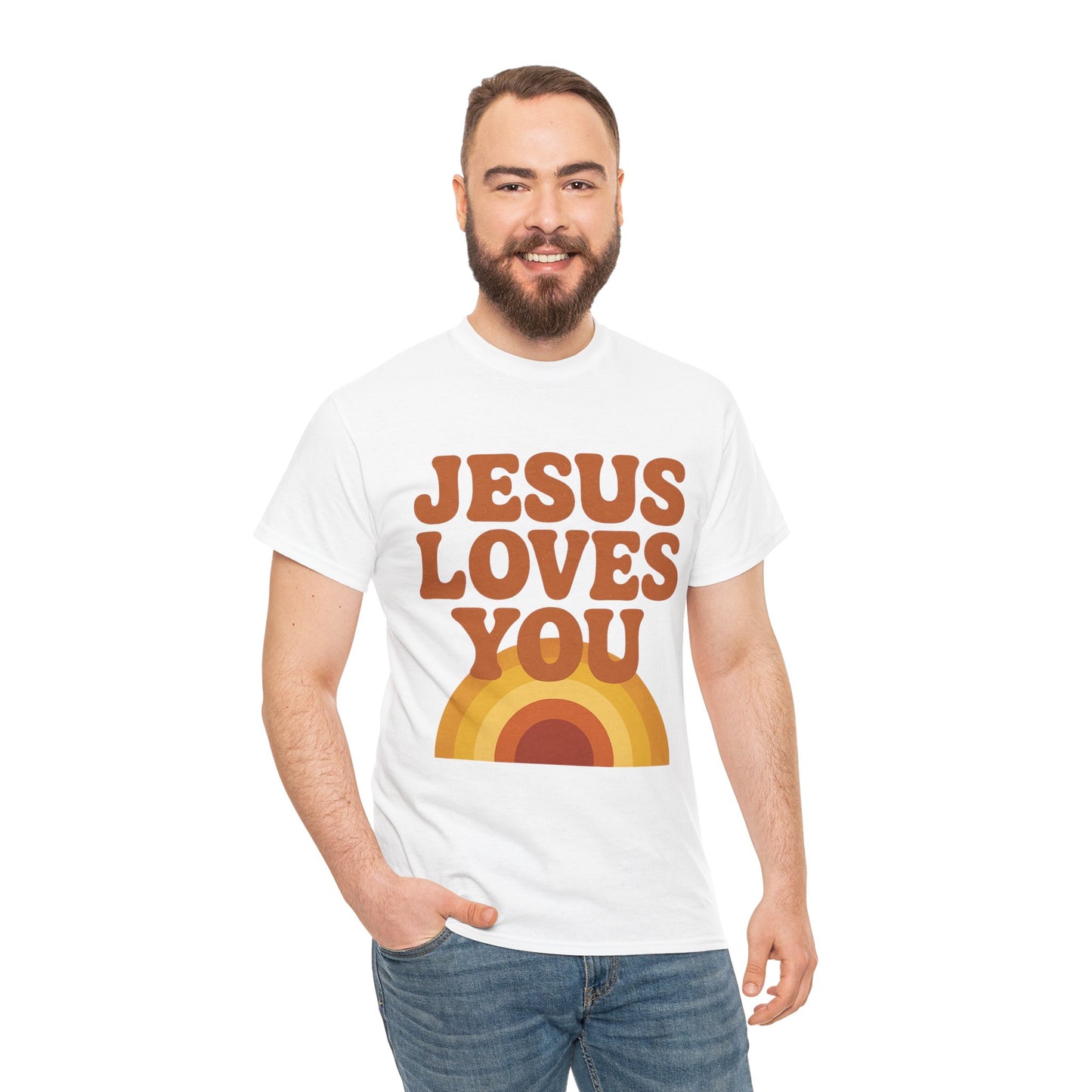 Jesus Loves You Rainbow Unisex Heavy Cotton Tee, Christian T-Shirt, Gift for Believers, Faith Apparel, Casual Wear, Spiritual Top