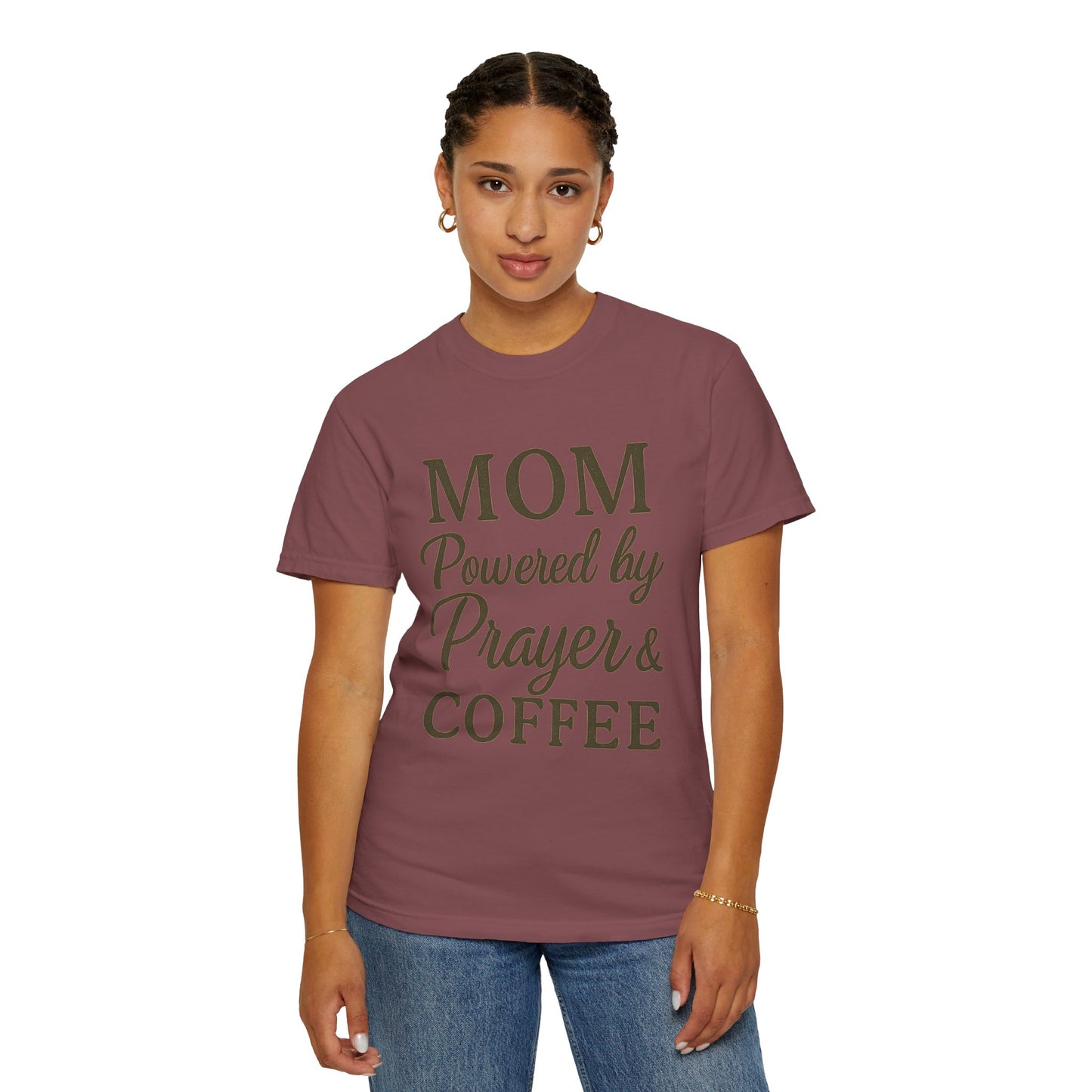 Mom Powered by Prayer & Coffee T-Shirt – Christian Faith Tee for Moms | Bold & Cozy Everyday Wear