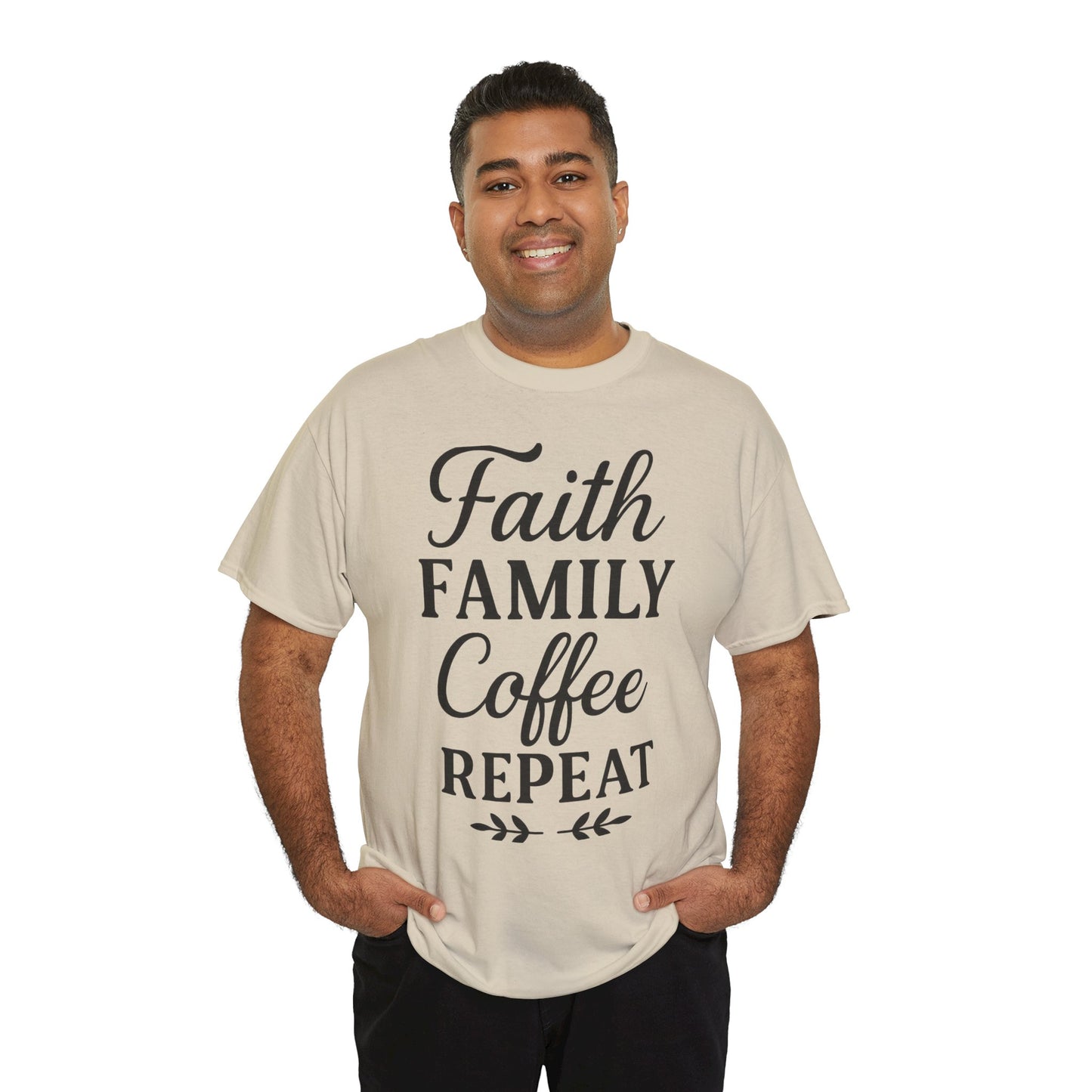 Faith Family Coffee Repeat Unisex Heavy Cotton Tee – Christian Lifestyle Shirt for Everyday Inspiration