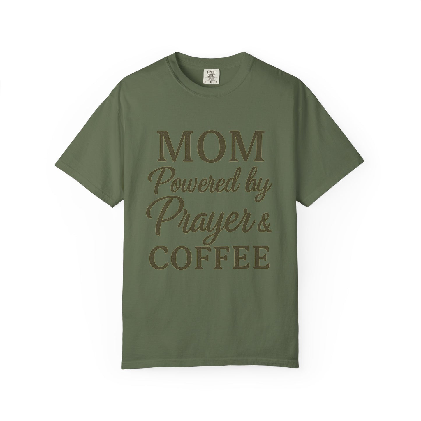 Mom Powered by Prayer & Coffee T-Shirt – Christian Faith Tee for Moms | Bold & Cozy Everyday Wear