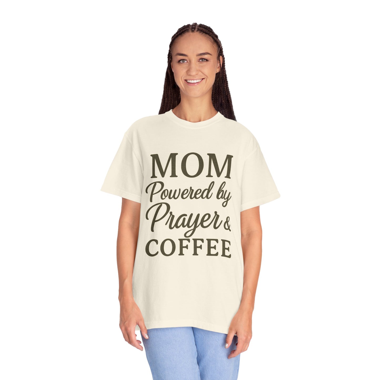 Mom Powered by Prayer & Coffee T-Shirt – Christian Faith Tee for Moms | Bold & Cozy Everyday Wear